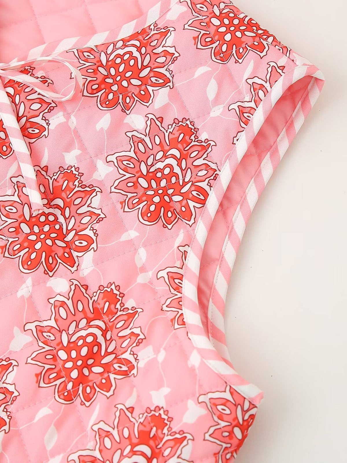 Block Print Floral Quilted Tie Vest - Pink - 10