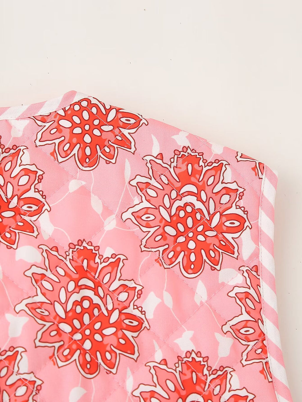 Block Print Floral Quilted Tie Vest - Pink - 12