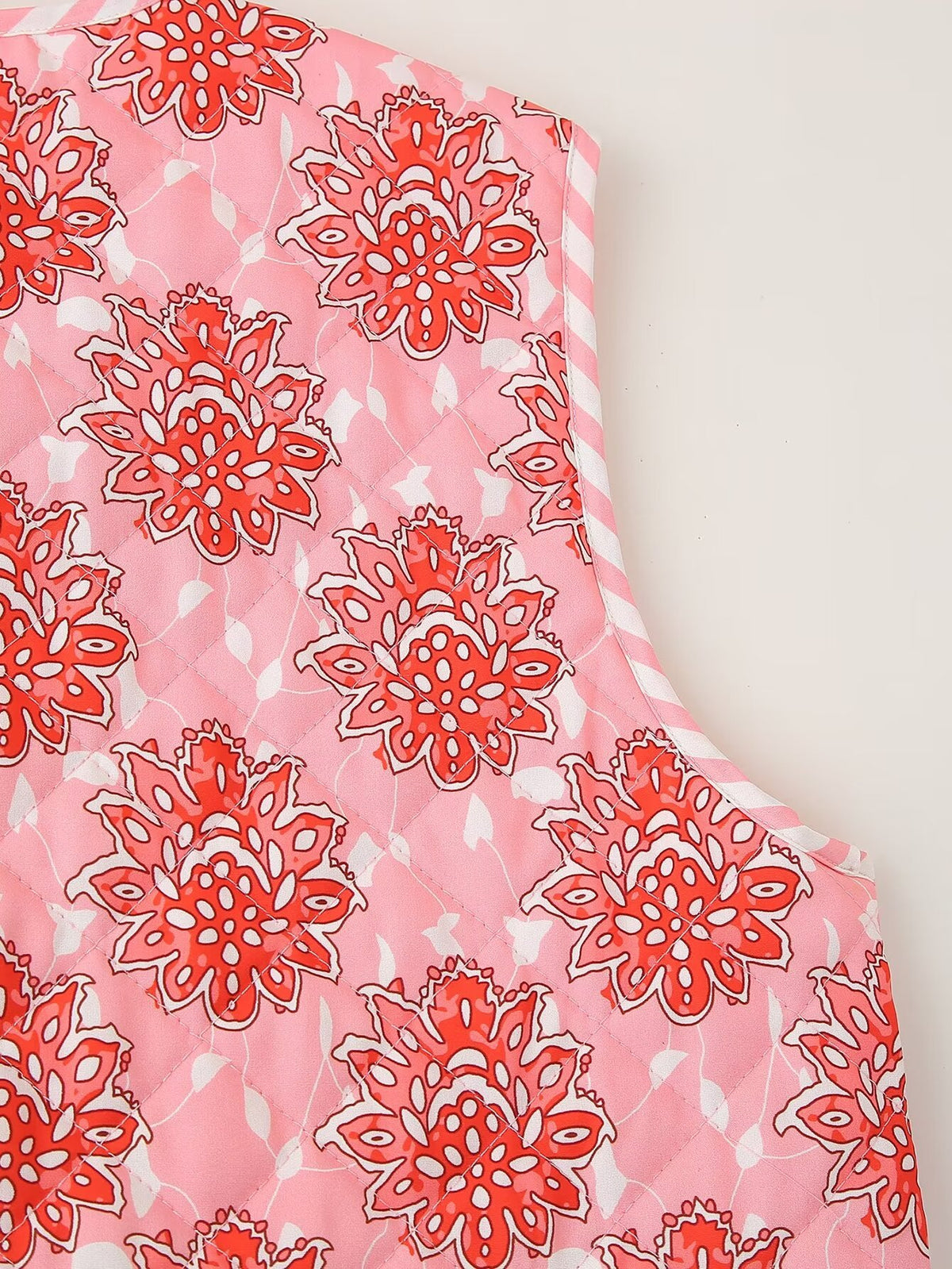 Block Print Floral Quilted Tie Vest - Pink - 13
