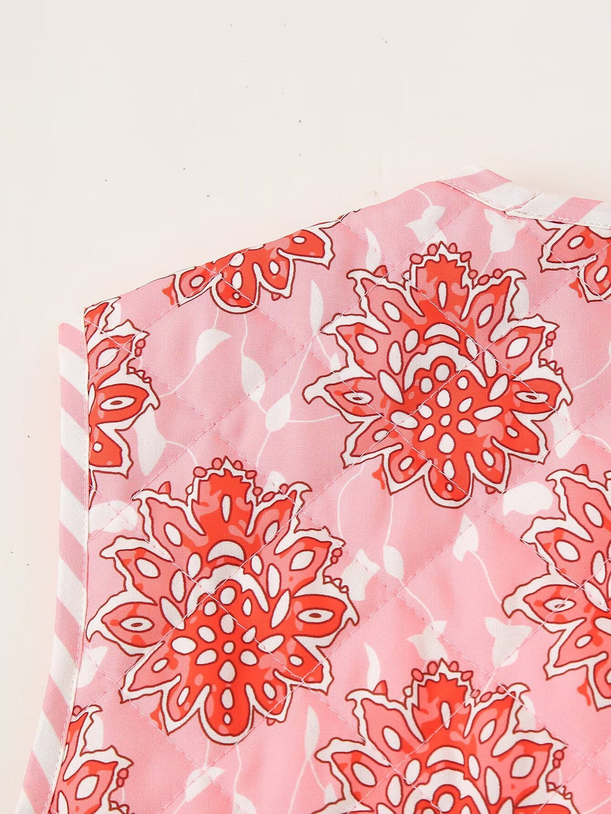Block Print Floral Quilted Tie Vest - Pink - 15