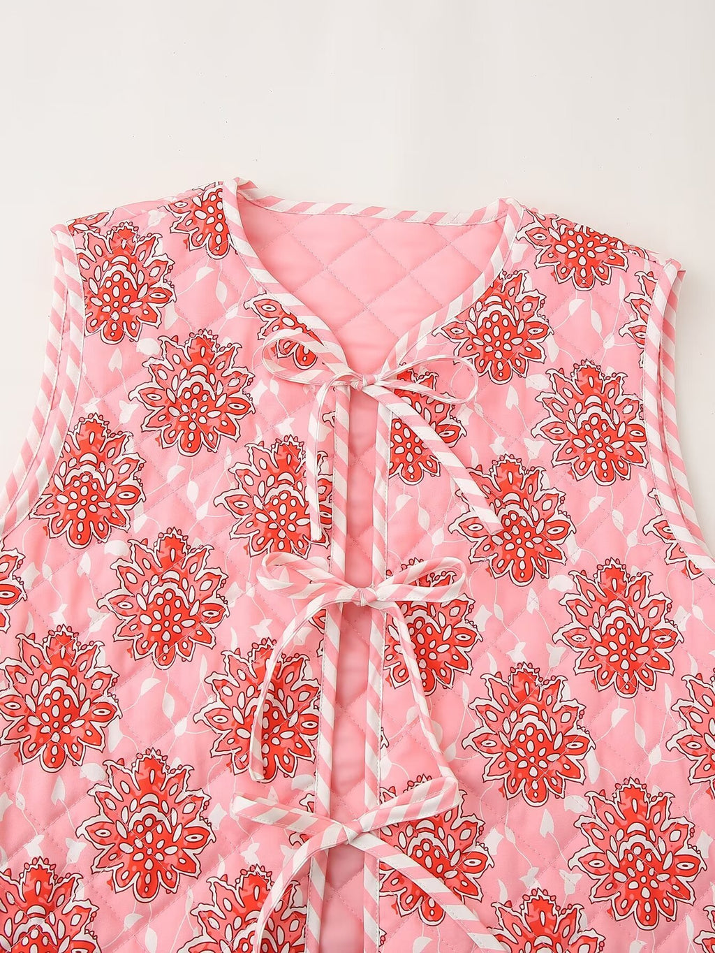 Block Print Floral Quilted Tie Vest - Pink - 3