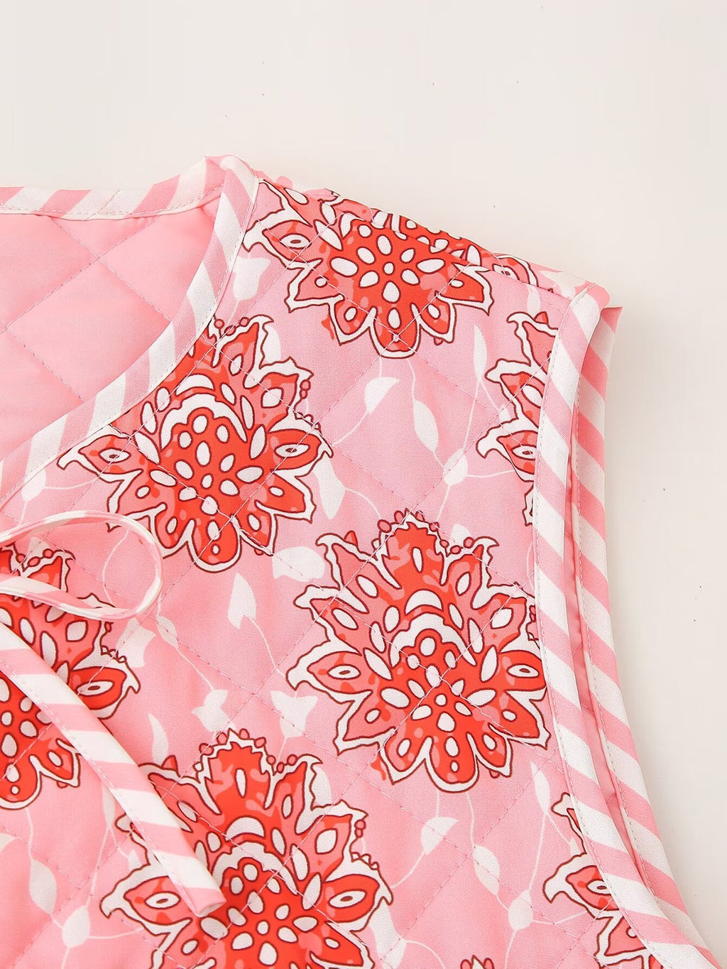 Block Print Floral Quilted Tie Vest - Pink - 4
