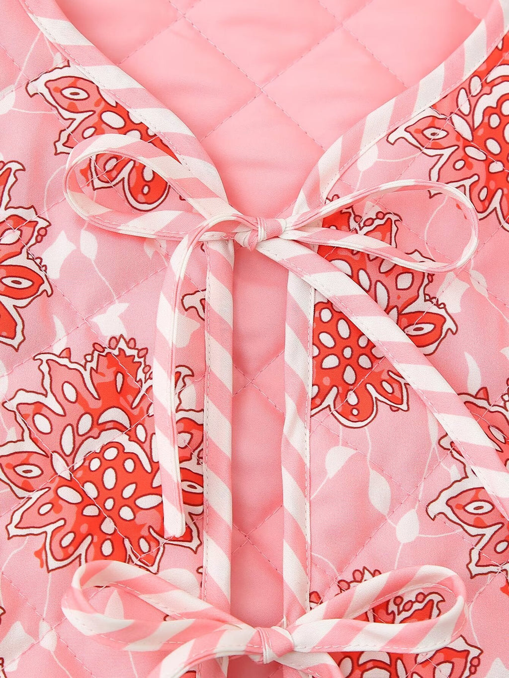 Block Print Floral Quilted Tie Vest - Pink - 5