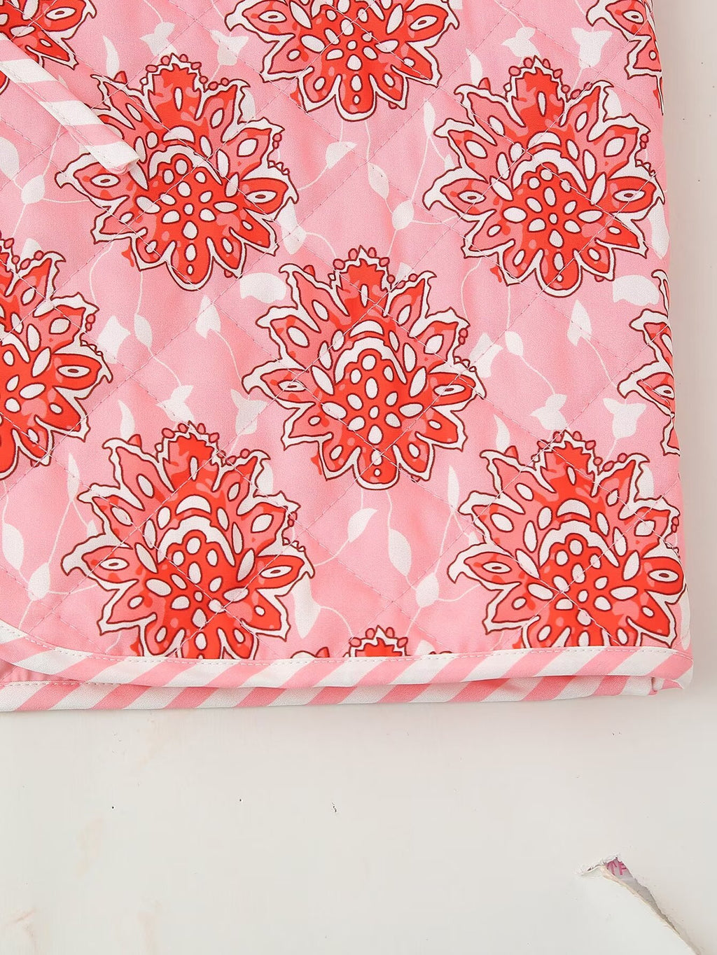 Block Print Floral Quilted Tie Vest - Pink - 8