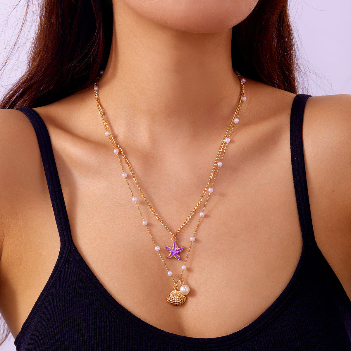 Layered Shell Starfish Pearl Necklace - view 3