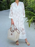 Floral Lace V Neck Beach Kaftan Dress - White