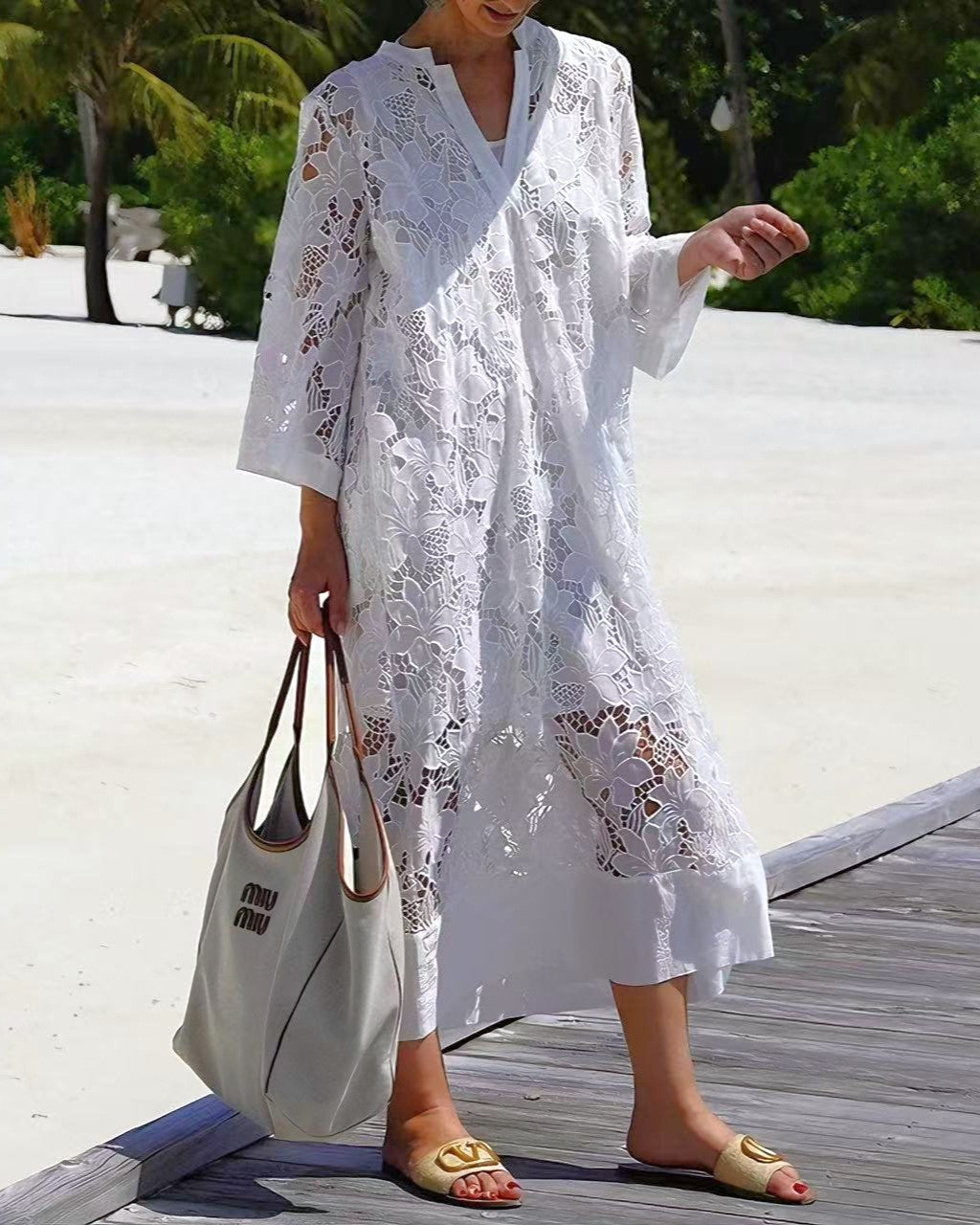 Floral Lace V Neck Beach Kaftan Dress - White - 1