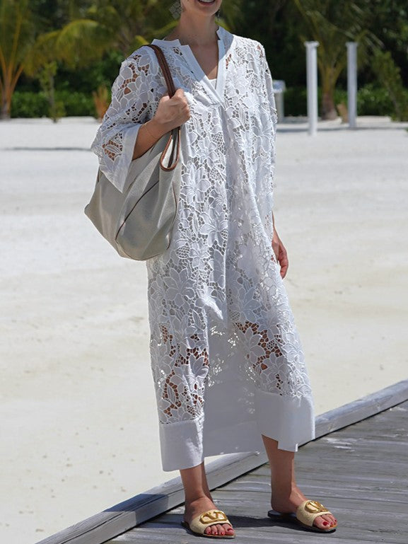 Floral Lace V Neck Beach Kaftan Dress - White - 2
