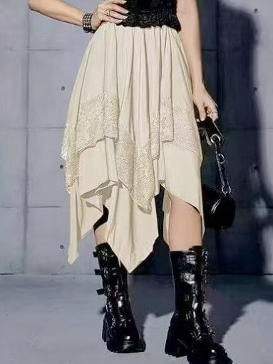Lace Panel Handkerchief Hem Midi Skirt - Begie