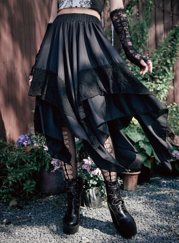 Lace Panel Handkerchief Hem Midi Skirt - Black