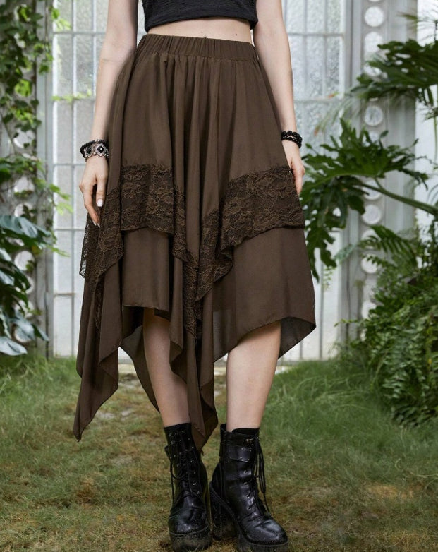 Lace Panel Handkerchief Hem Midi Skirt - Coffee