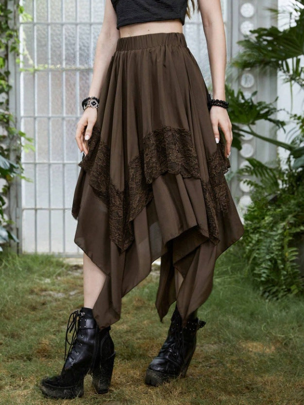 Lace Panel Handkerchief Hem Midi Skirt - Coffee - 1