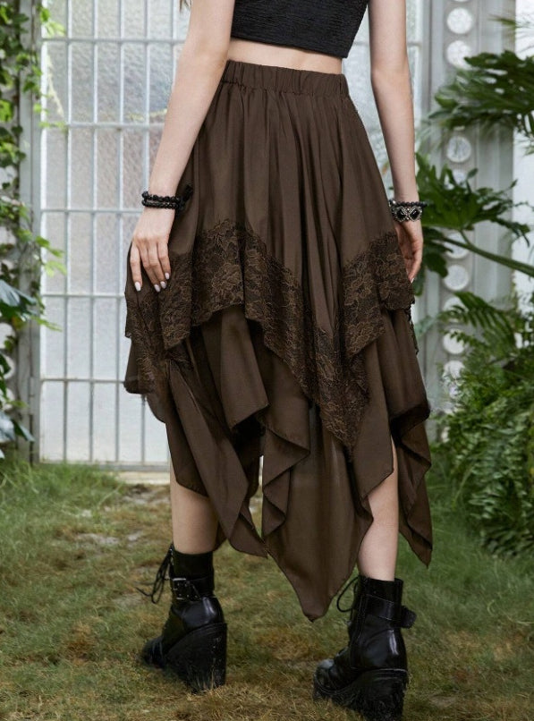 Lace Panel Handkerchief Hem Midi Skirt - Coffee - 2