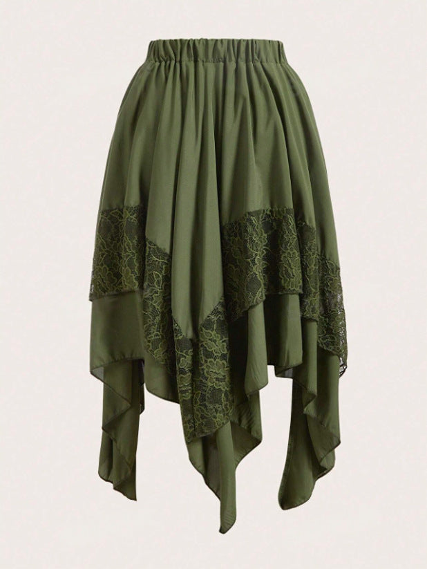 Lace Panel Handkerchief Hem Midi Skirt - Green