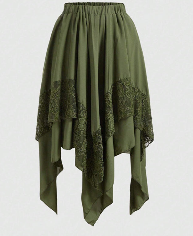 Lace Panel Handkerchief Hem Midi Skirt - Green - 1