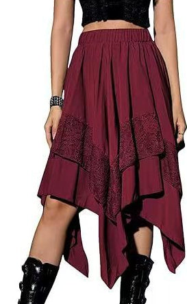Lace Panel Handkerchief Hem Midi Skirt - Wine_red