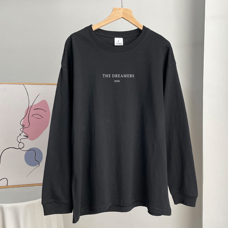 Minimal Text Long Sleeve Drop Shoulder Tee - Black