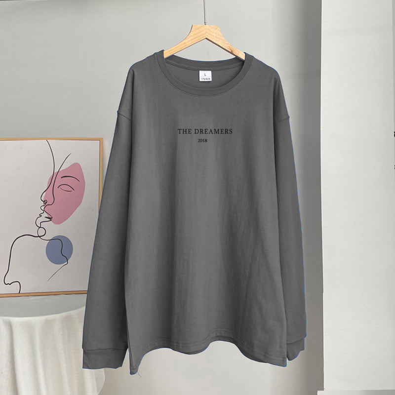 Minimal Text Long Sleeve Drop Shoulder Tee - Charcoal