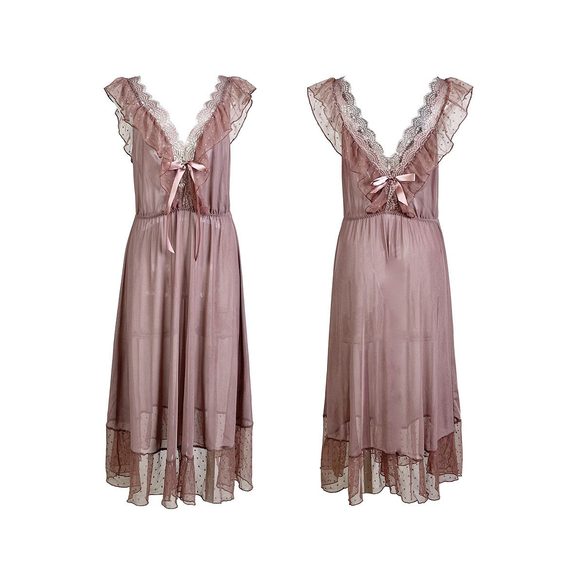 Swiss Dot Sheer Mesh Ruffle Bow Midi Slip Dress