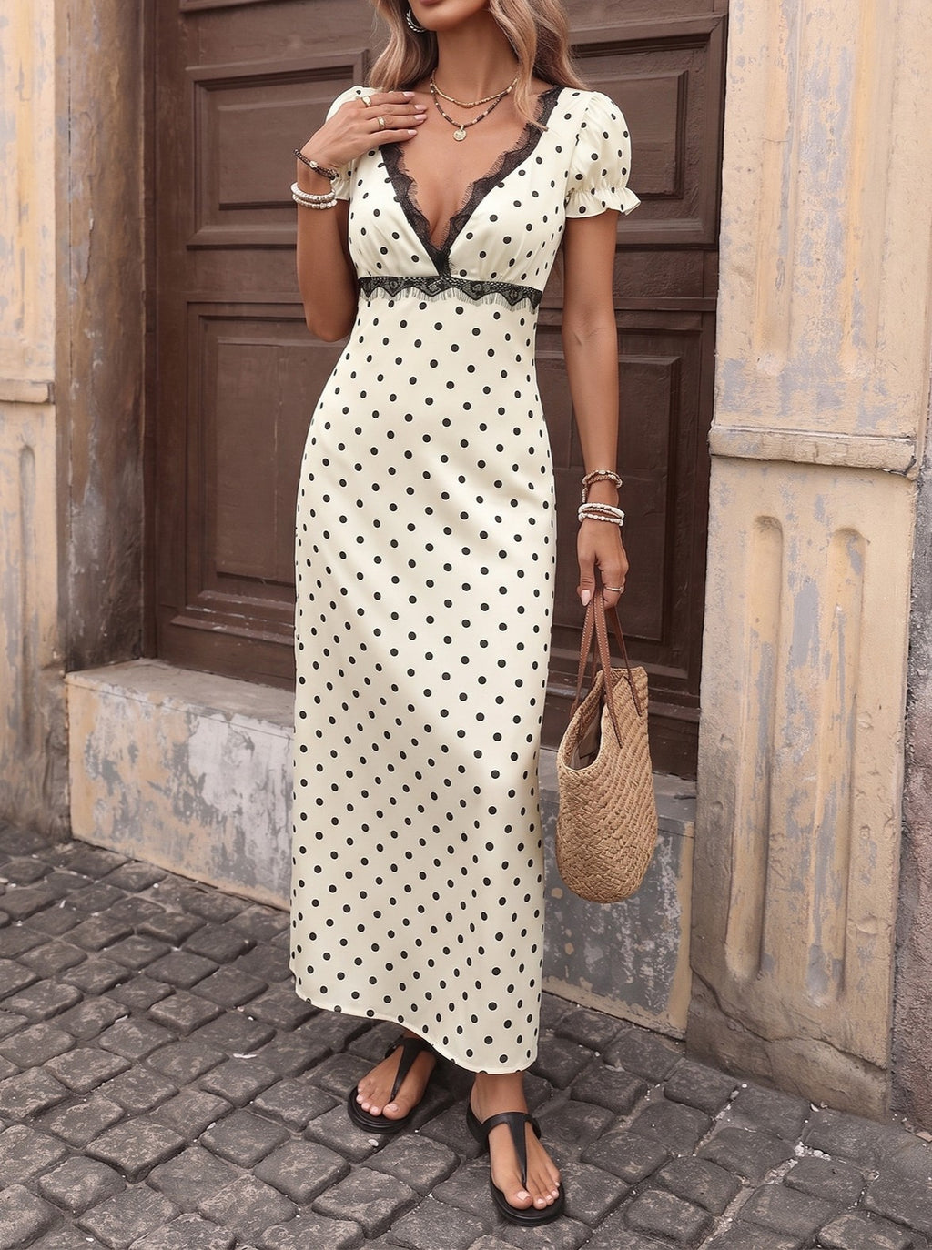Open Back Polka Dot Lace Maxi Dress - Beige