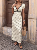 Open Back Polka Dot Lace Maxi Dress - Beige