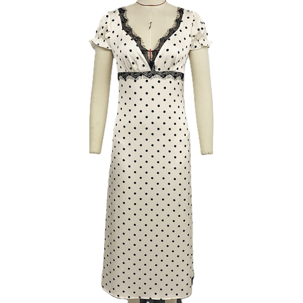 Open Back Polka Dot Lace Maxi Dress - Beige - 1