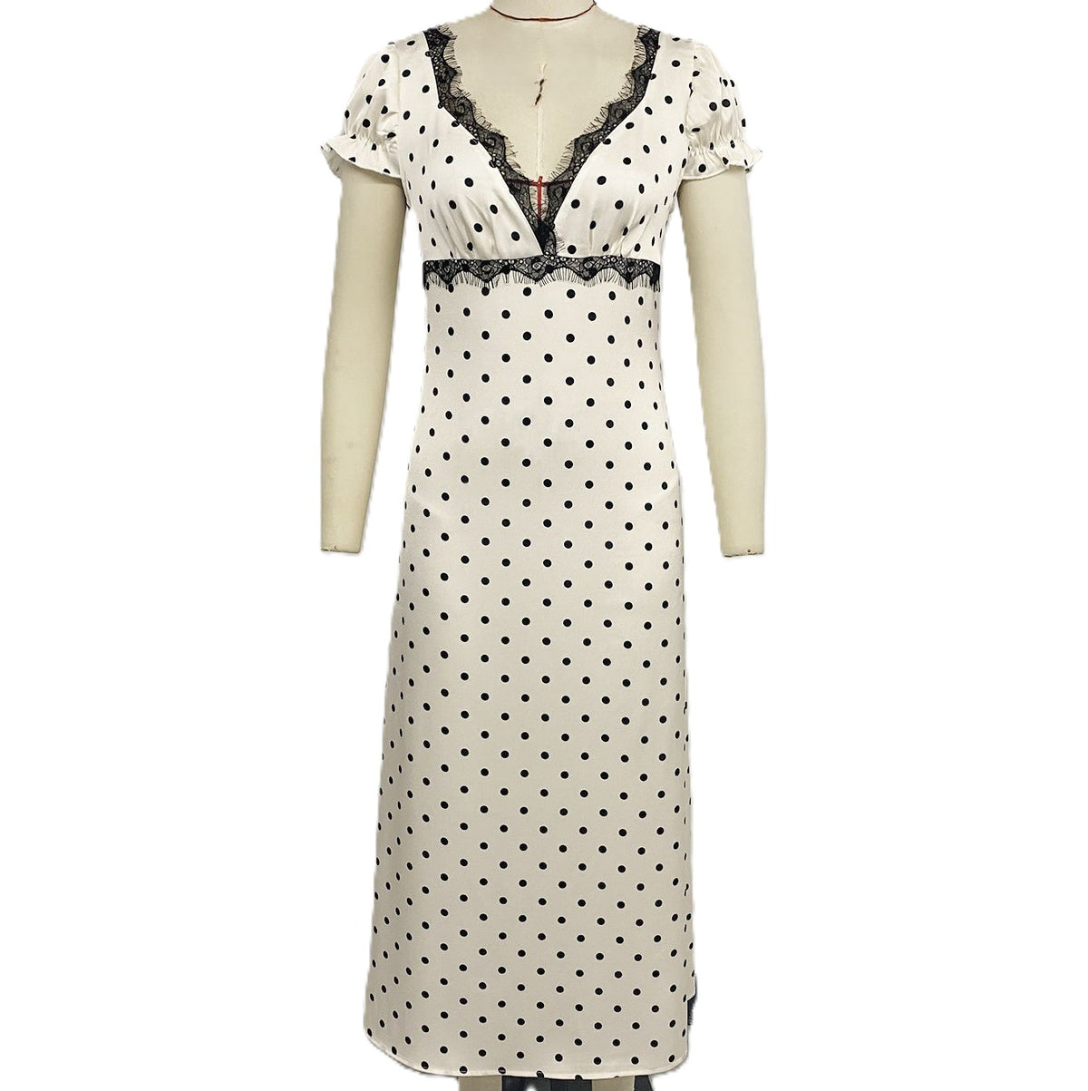 Open Back Polka Dot Lace Maxi Dress - Beige - 1