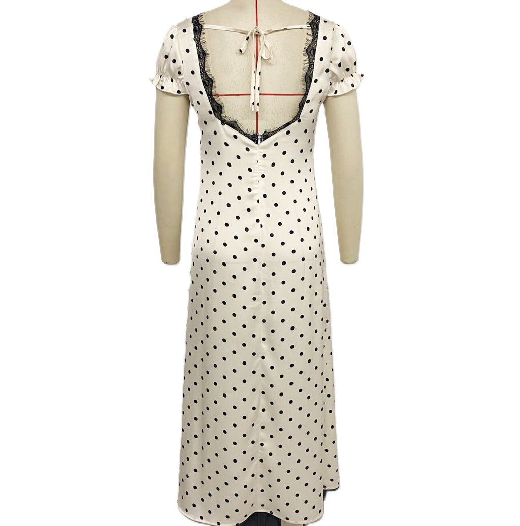 Open Back Polka Dot Lace Maxi Dress - Beige - 2