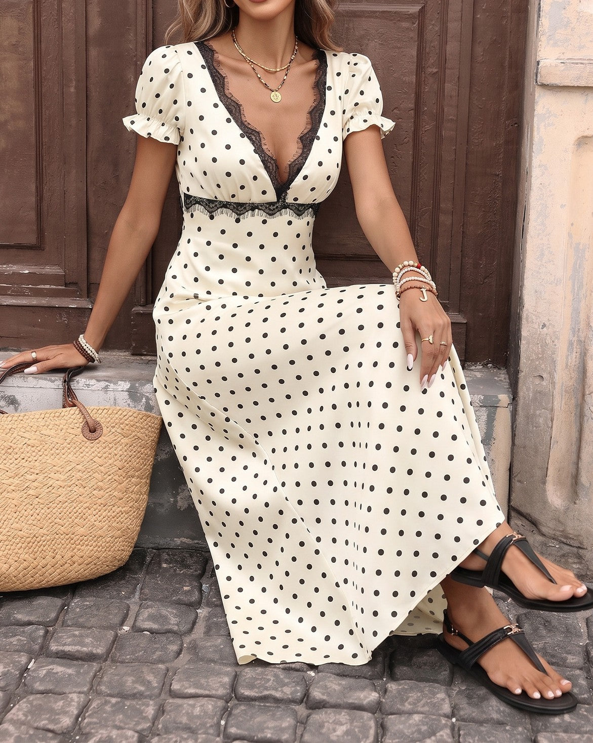 Open Back Polka Dot Lace Maxi Dress - Beige - 4