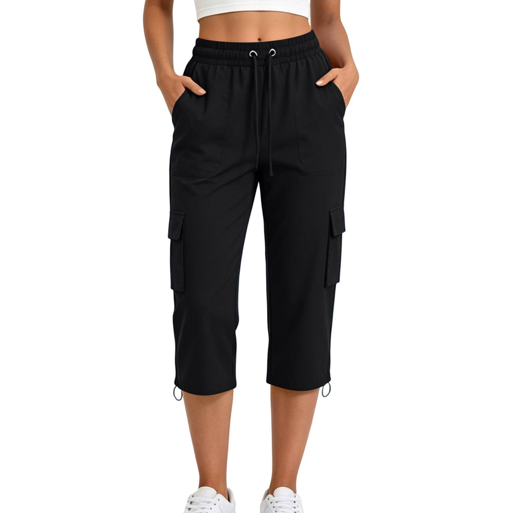 Drawstring Toggle Hem Straight Cargo Capri Pants - Black
