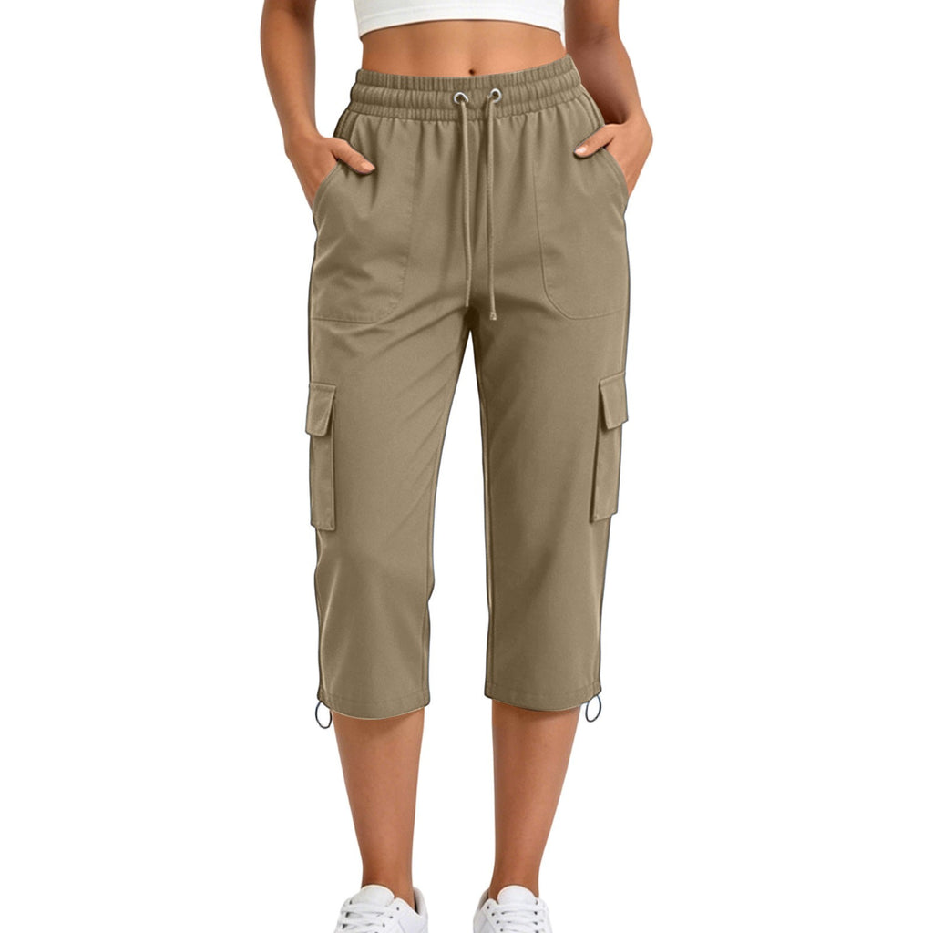 Drawstring Toggle Hem Straight Cargo Capri Pants - Khaki