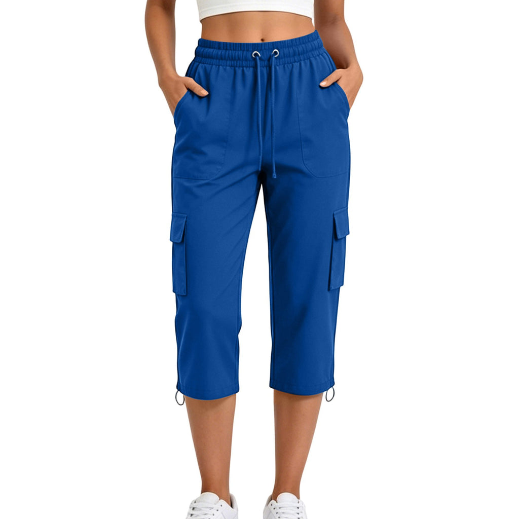 Drawstring Toggle Hem Straight Cargo Capri Pants - Royal Blue
