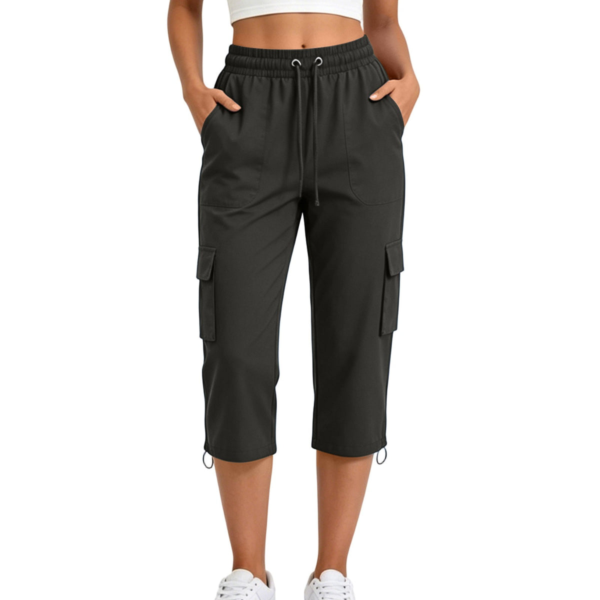 Drawstring Toggle Hem Straight Cargo Capri Pants