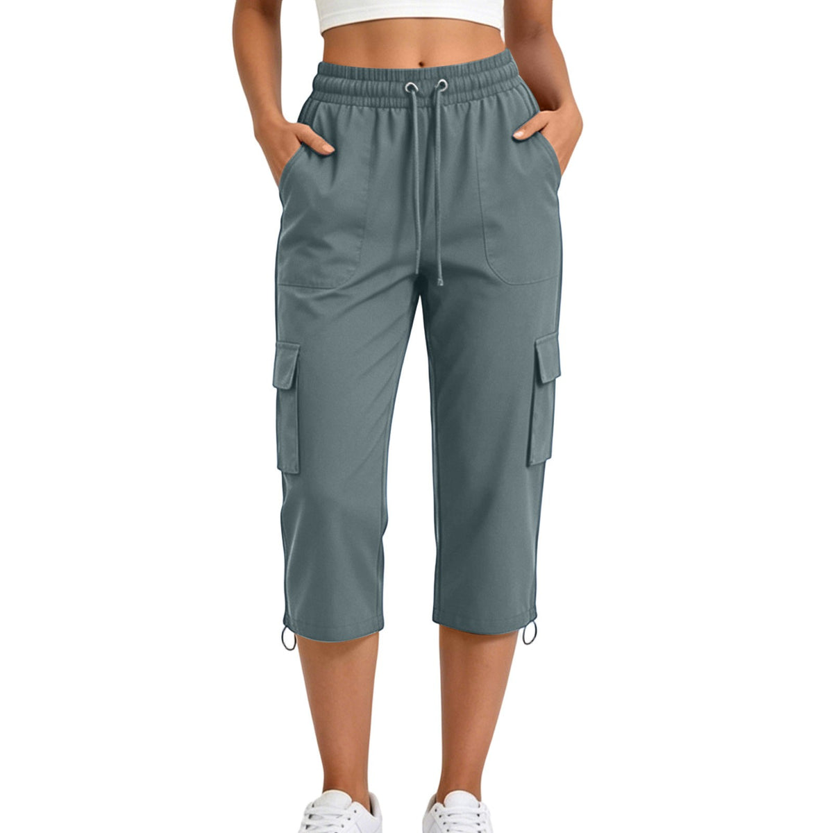 Drawstring Toggle Hem Straight Cargo Capri Pants
