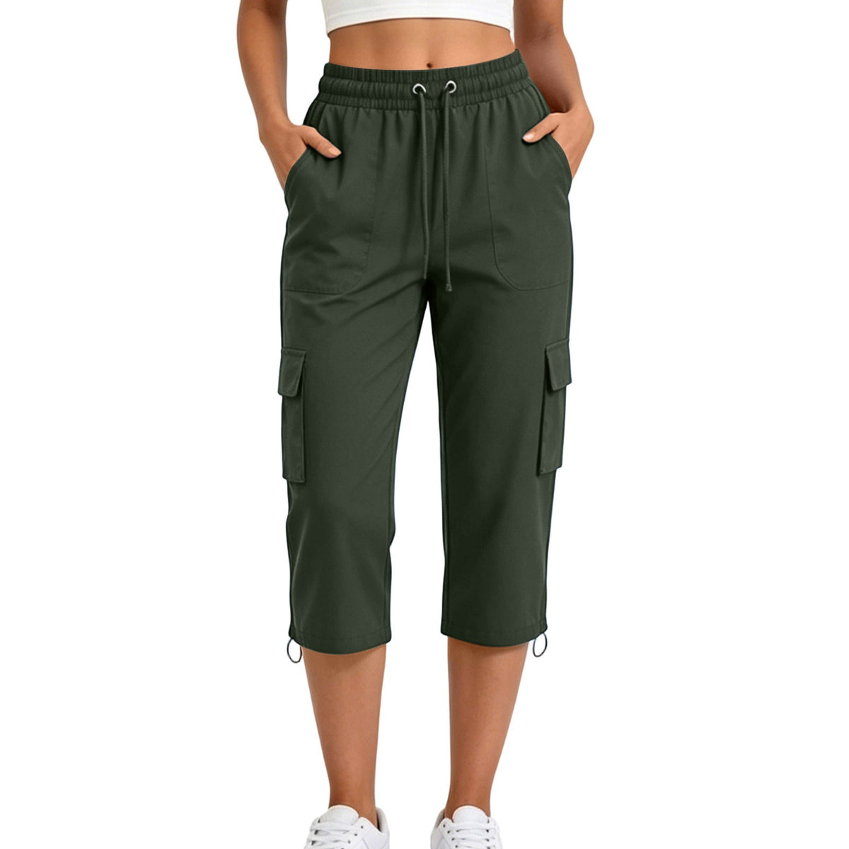 Drawstring Toggle Hem Straight Cargo Capri Pants