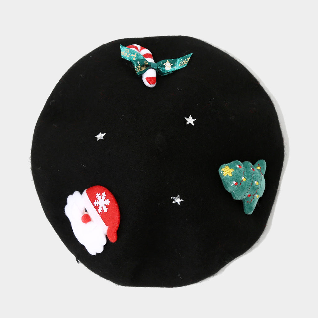 Christmas Applique Bow Wool Beret - C1Black