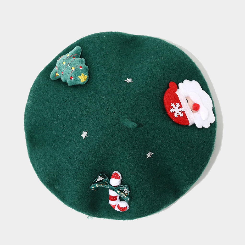 Christmas Applique Bow Wool Beret - C1Green