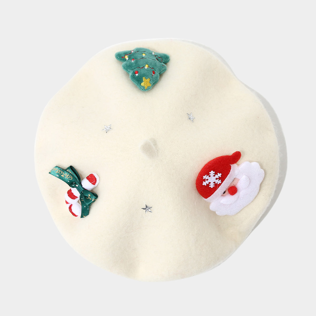 Christmas Applique Bow Wool Beret - C1White