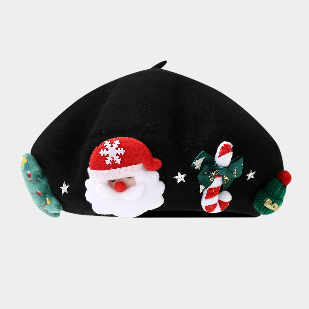 Christmas Applique Bow Wool Beret - C2Black