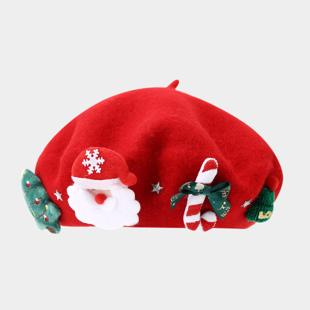 Christmas Applique Bow Wool Beret - C2Red