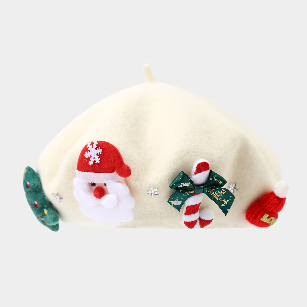 Christmas Applique Bow Wool Beret - C2White
