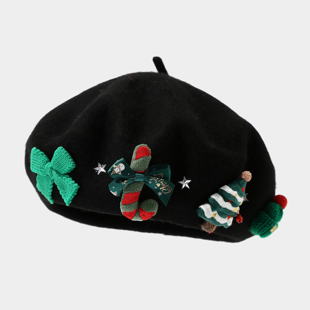 Christmas Applique Bow Wool Beret - C3Black