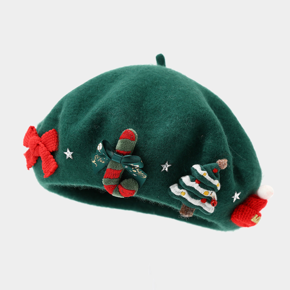 Christmas Applique Bow Wool Beret - C3Green