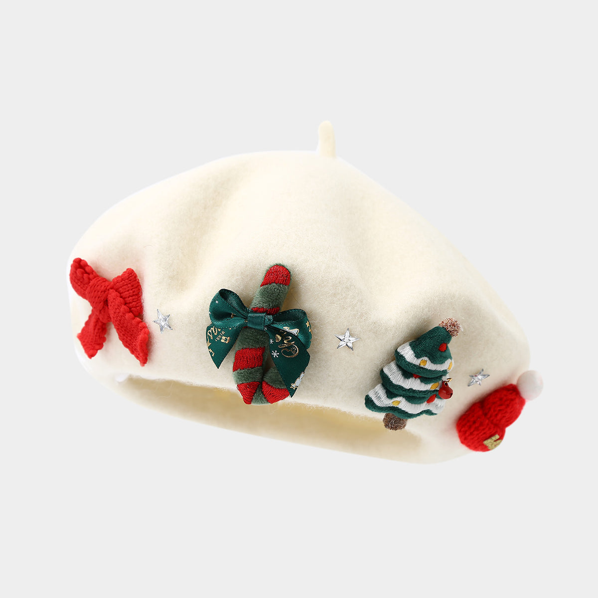 Christmas Applique Bow Wool Beret - C3White