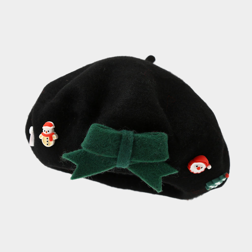Christmas Applique Bow Wool Beret - C4Black