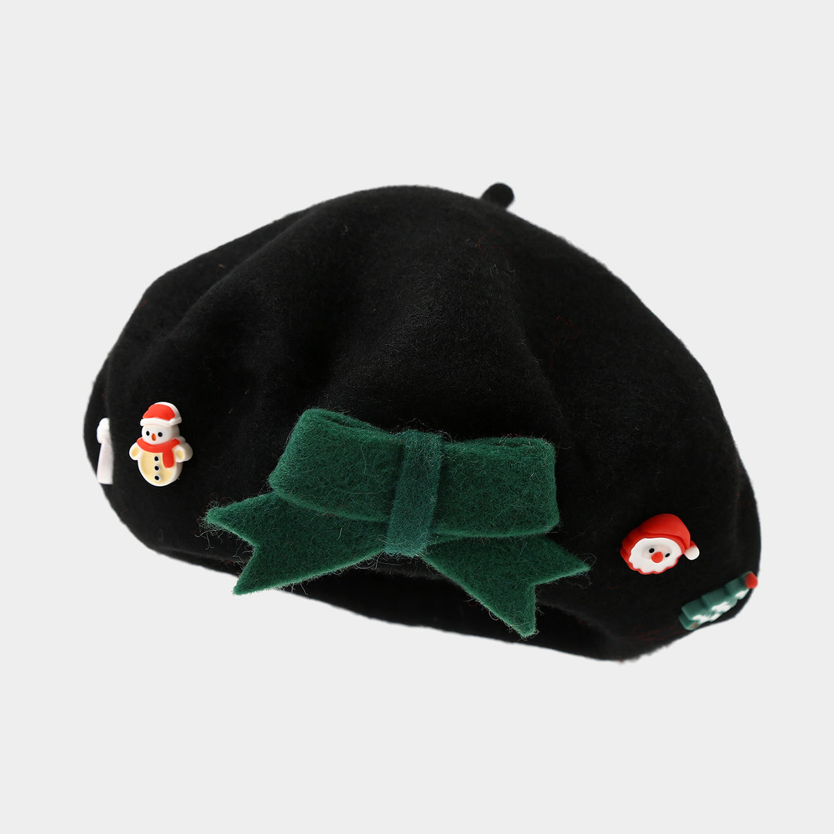 Christmas Applique Bow Wool Beret - C4Black