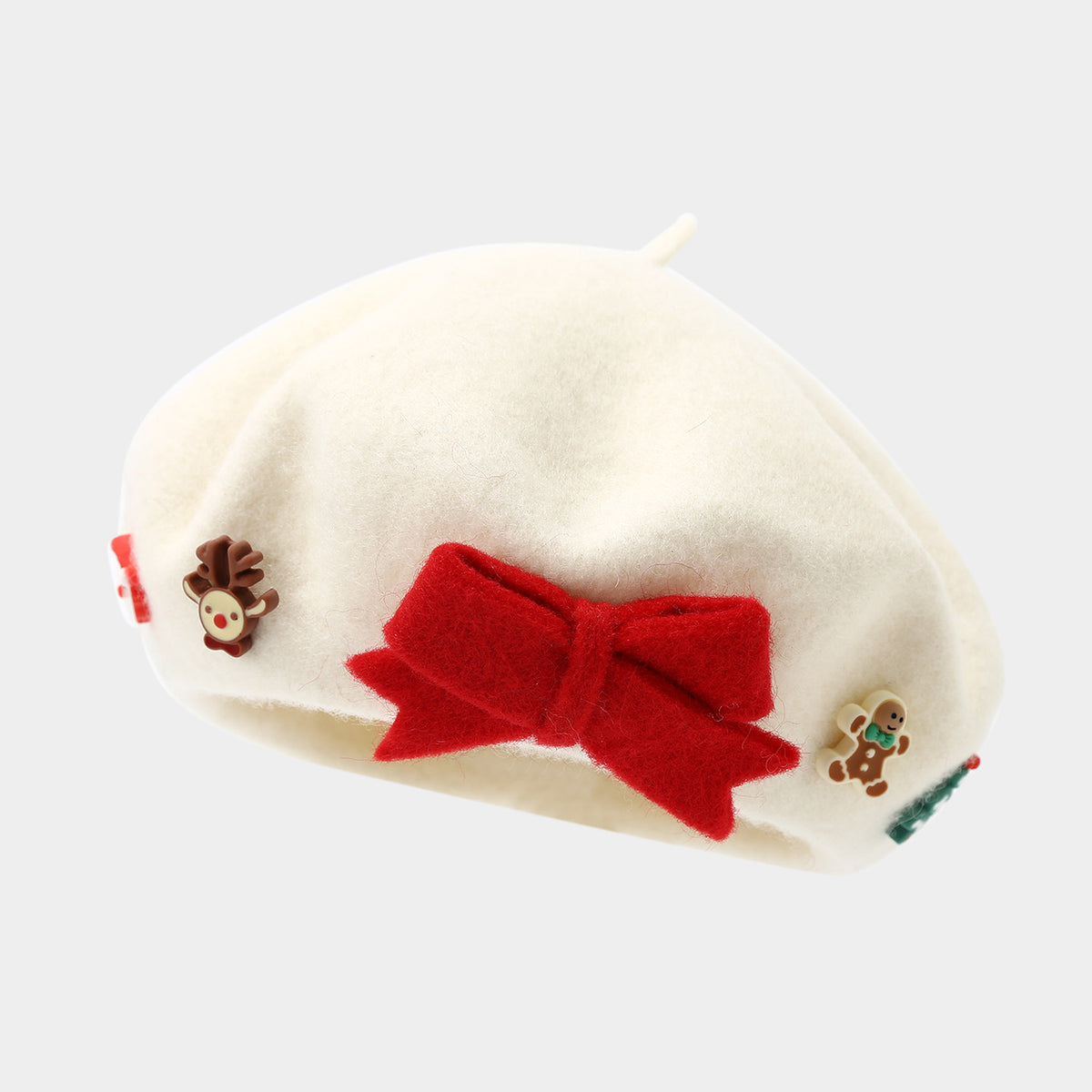 Christmas Applique Bow Wool Beret - C4White