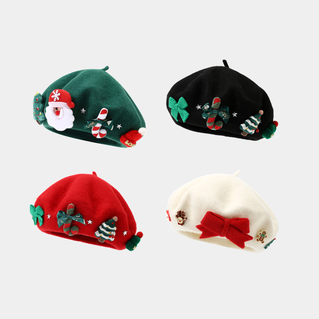 Christmas Applique Bow Wool Beret