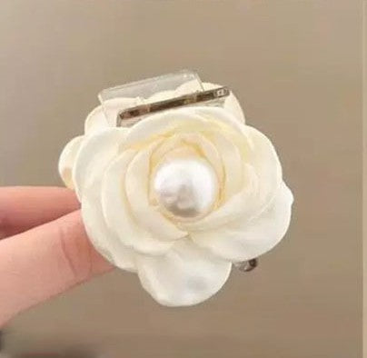 Fabric Rose Claw Hair Clip - Pearl
