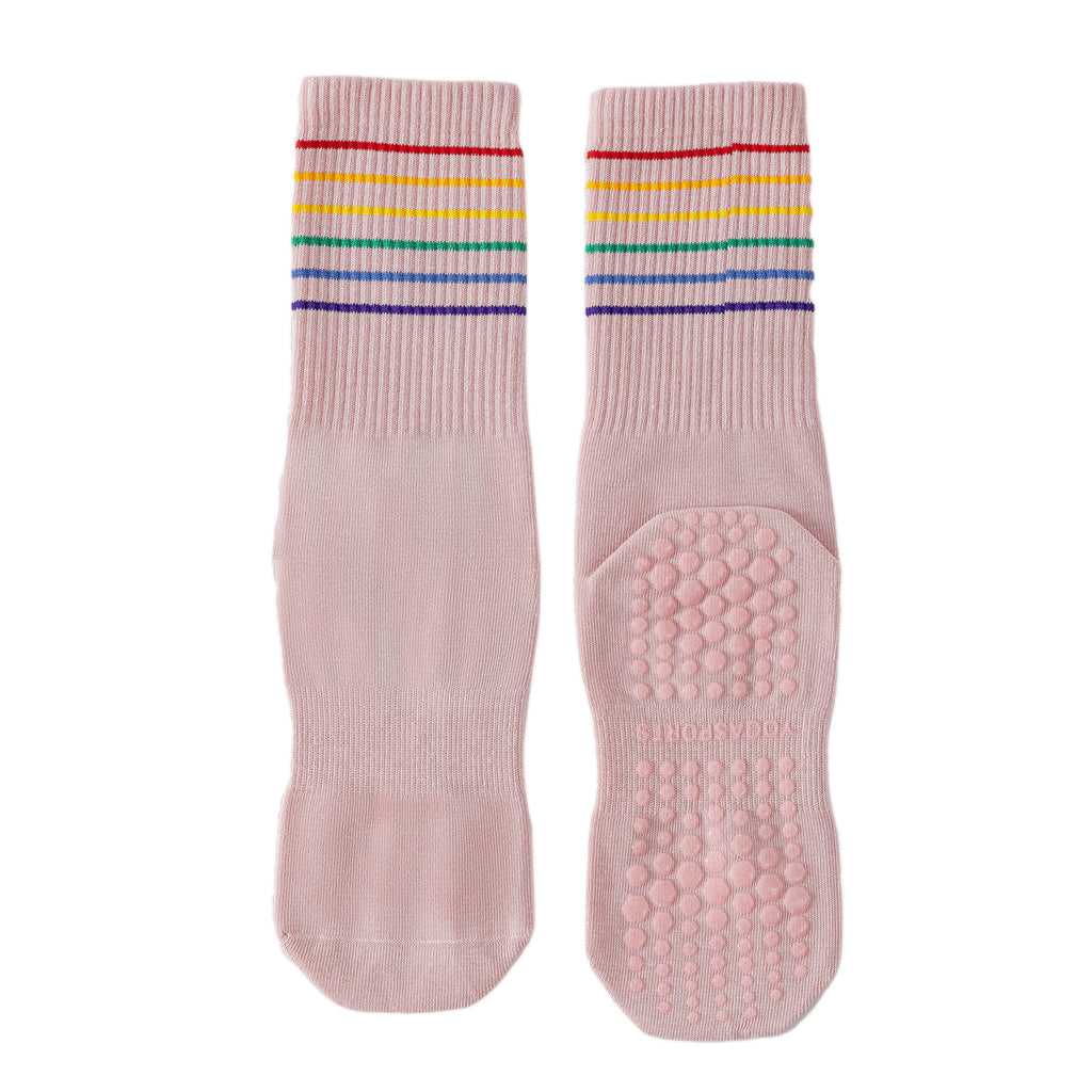 Rainbow-Stripe Non-Slip Grip Socks for Pilates & Barre - Pink